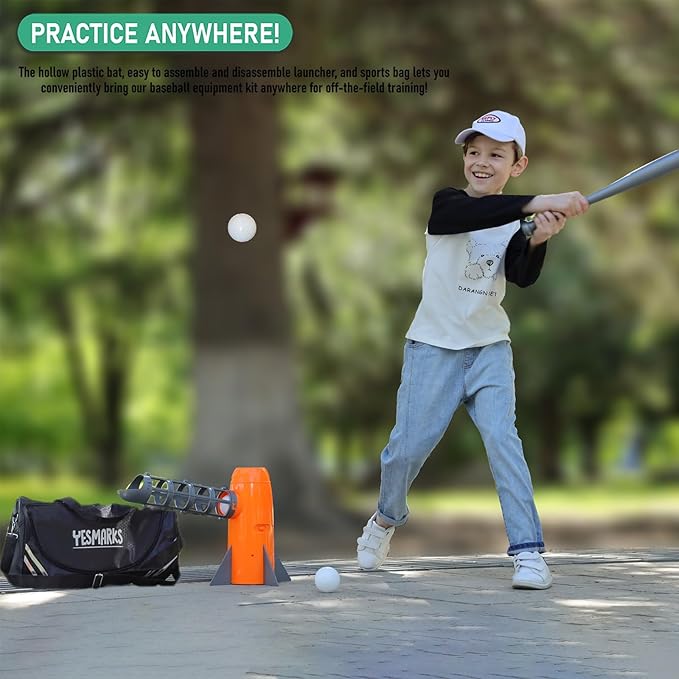 YESMARKS Kids Auto Baseball Pitching Machine Outdoor Toy Set - Training Equipment & Batting Practice Toys for Youth, Includes 10 Baseballs, Baseball Bat and Sports Bag