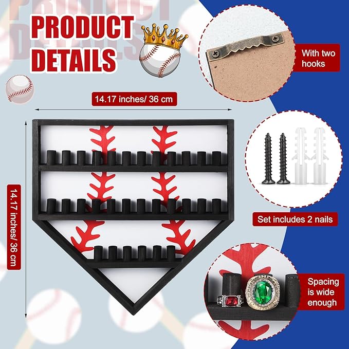 Menkxi Baseball Ring Holder Display Case Wood Softball Ring Holder with 30 Brackets for Championship Medal Stand Wall Mount Baseball Medal Organizer for Trophy Souvenir Collectables Gifts(White)