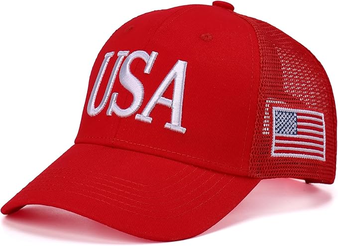 USA Trucker Hat for Men & Women American Flag Cap Adjustable Baseball Cap Mesh Snap Patriotic 3D Embroidered Cap