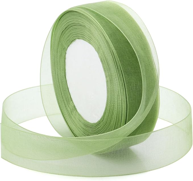Green Ribbon for Gift Wrapping, 1 inch 50Yard Sage Green Sheer Organza Ribbon by Sentoyou
