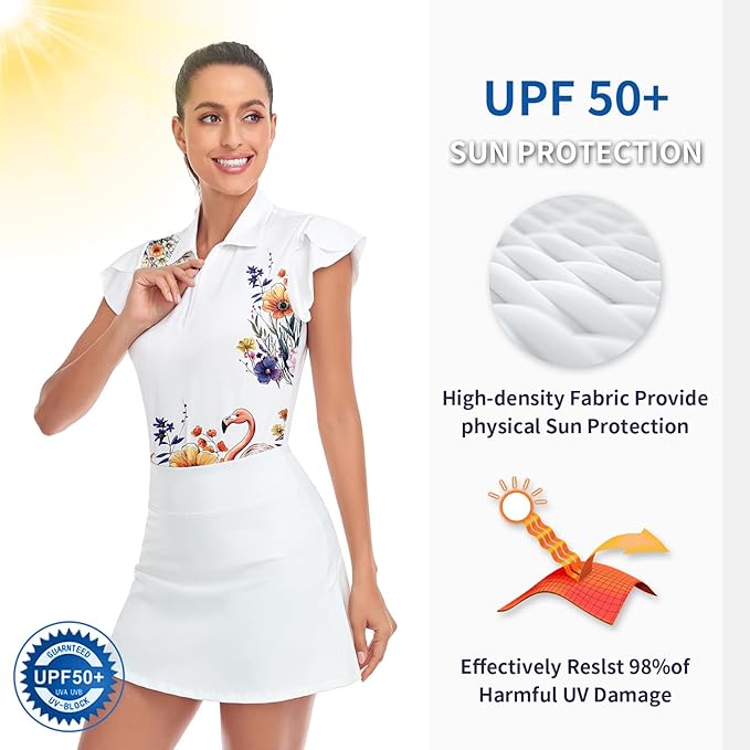 Soneven Womens Petal Sleeve Golf Shirts Moisture Wicking Lady Golf Apparel Print Tennis Sport T Shirt