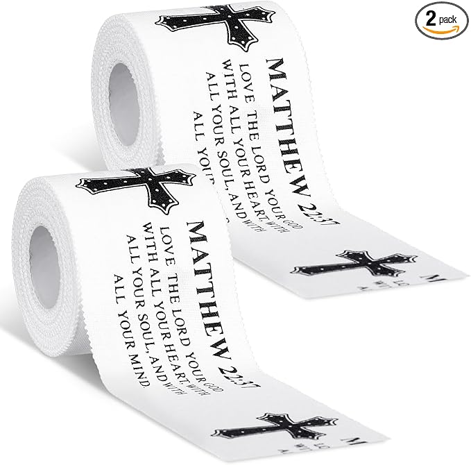 MiniInflat 2 Pcs Christian Cross Athletic Tape Sports Tape 2in x 23ft Religion Jesus Wrist Wrap for Soccer Football Baseball, Gift for Graduation Teacher Nurses Week Pentecost(White,Matthew 22:37)