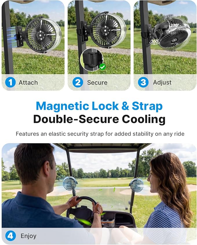 BOYISEN Magnetic Golf Cart Misting Fan Rechargeable, 12000mAh Battery Operated USB Portable Fan with 4 Speeds, Spray, LED, Timers, Ideal for Club Car, Golf Cart & Cruise Ship Travel Accessories 2-Pack