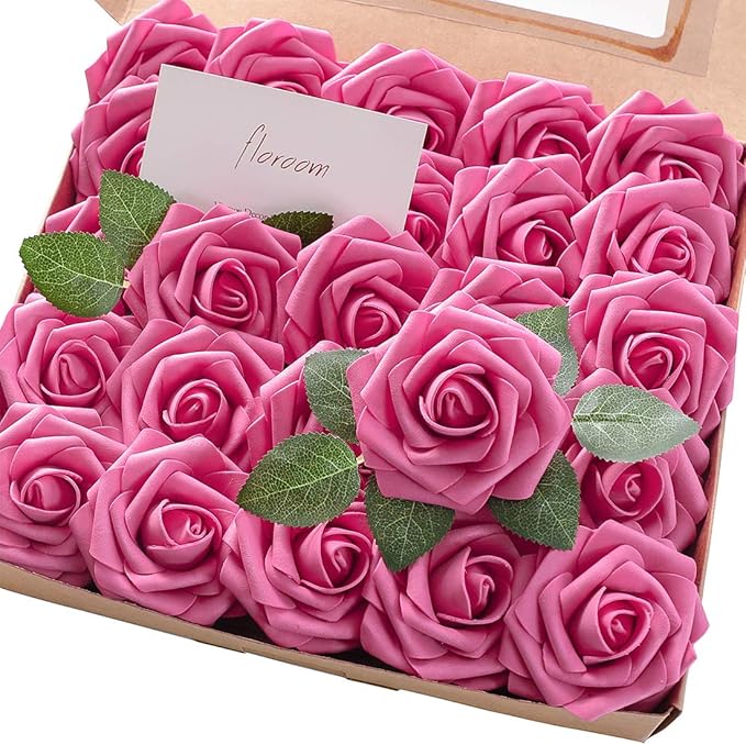 Floroom Artificial Flowers 25pcs Real Looking Hot Pink Foam Fake Roses by Floroom
