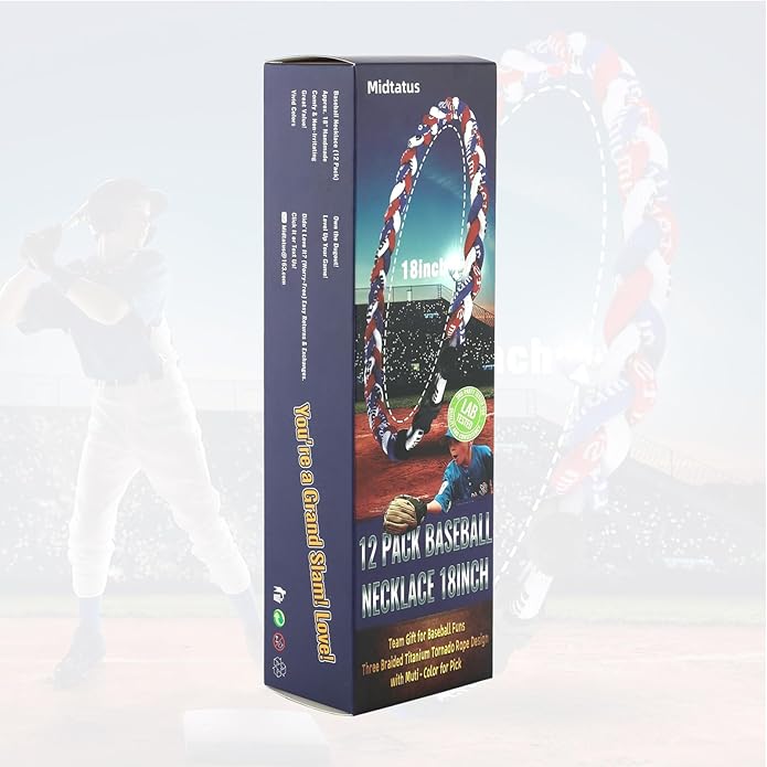 12 Pack Baseball Necklace 18inch, Team Gift for Baseball Funs, Three Braided Titanium Tornado Rope Design, with Muti - Color for Pick