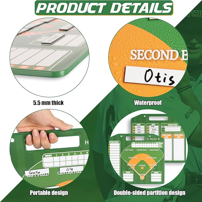 Magnetic Baseball Coach Clipboard, Dry Erase Lineup Board, Premium Tactical Baseball Coaching Board with 40 Lineup Cards, Dugout Display Softball Coaching Accessories - Green