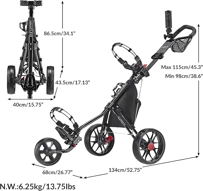Caddytek CaddyLite 11.5 V3 Golf Push Cart - Lightweight Aluminum 3-Wheel Foldable Golf Bag Cart with Quad-Fold Frame, EVA Wheels, Adjustable Handle, Foot Brake, Mesh Net, Umbrella & Drink Holder