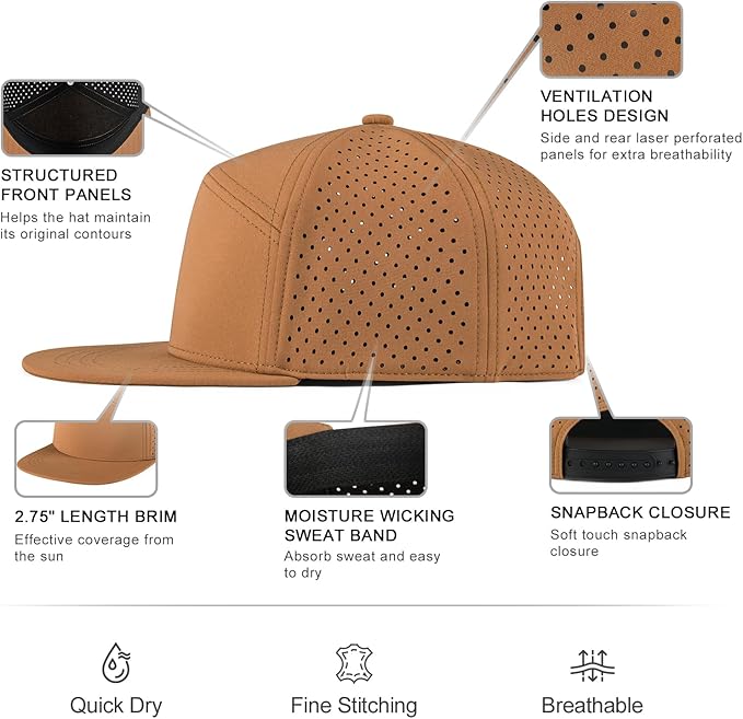 FEINION Men Flat Brim Adjustable Performance Hat Snapback Laser Perforated Baseball Cap