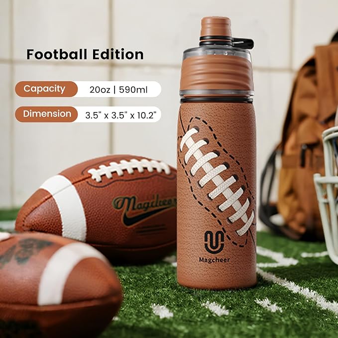 Football Water Bottle - 20oz Insulated Misting Water Bottles Stainless Steel 3D Textured - Football Accessories Gift for Kids