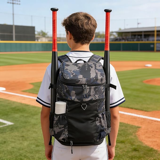 TUGUAN Baseball Backpack Equipment Bag for Adult with 2/4 Bat Holder & Fence Hook Lightweight Mens Softball Bag with Shoes Compartment Coaches Catchers Team Baseball Gear Bags Youth Boys