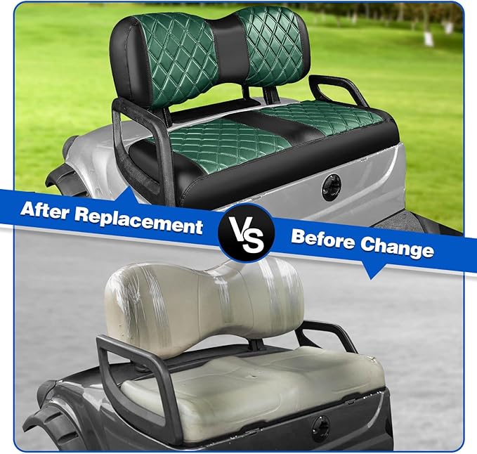 NOKINS Golf Cart Diamond Seat Covers Kit, Fit for Yamaha Drive/Drive 2 OEM Standard Front Seat Cushion, Golf Cart Vinyl Seat Cover, No Nails Required (Dark Green and Black)
