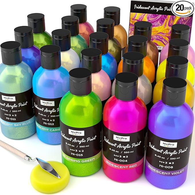 Nicpro 20 Colors Iridescent Acrylic Paint, 8.45oz / 250ml Large Bulk Metallic by Nicpro
