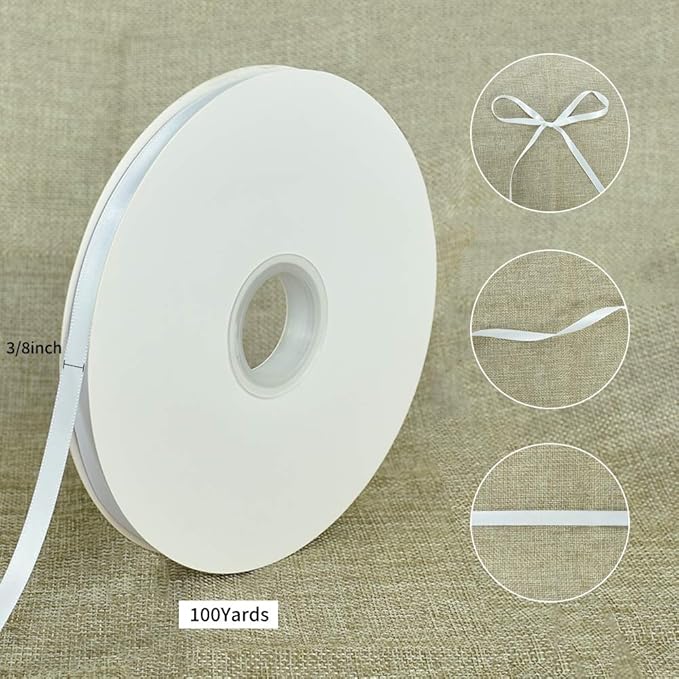 TONIFUL 3/8 Inch x 100yds White Satin Ribbon Thin Solid Fabric Ribbons Roll - Image 2
