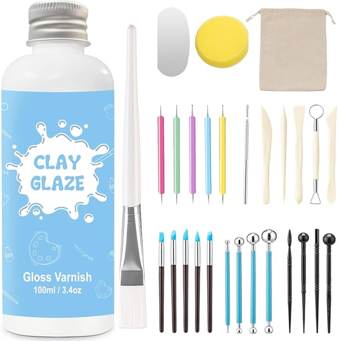 EIGTWEN 100ml Air Dry Clay Glaze and 29pcs Clay tools kit, Gloss Clay Varnish by EIGTWEN