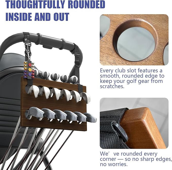Golf Stroller Attachment – Universal Golf Club Holder for Strollers, Acacia Wood, 12 Slots, 5 Ball Holders & Removable Tee Case – Portable, Easy Setup, Gift for Golf-Loving Parents