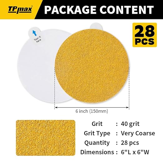 6-Inch 40-Grit Gold PSA Sanding Discs, 28 Pack – Pro-Grade Self-Adhesive - Image 2
