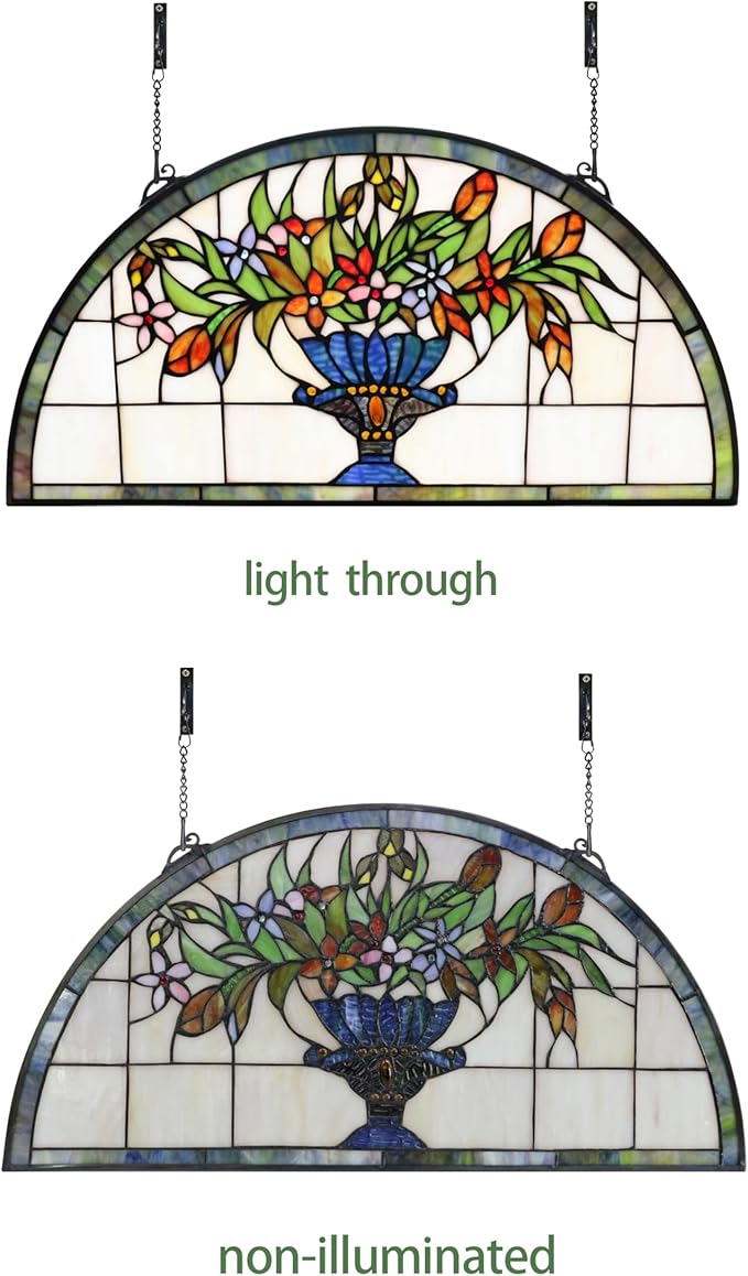24 inch Flower Stained Glass Window Hanging Half Moon Shade, 100% Real Stained - Image 4
