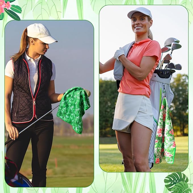 Fanfanwin 9 Pcs Golf Towel Bulk 24 x 16 Inches Microfiber Waffle Towel with Clip Tri Fold Portable Rag Accessories for Golf Bag Mini Tournament Club Yoga Fitness Remove Sand Mud Dirt Sweat(Hawaiian)