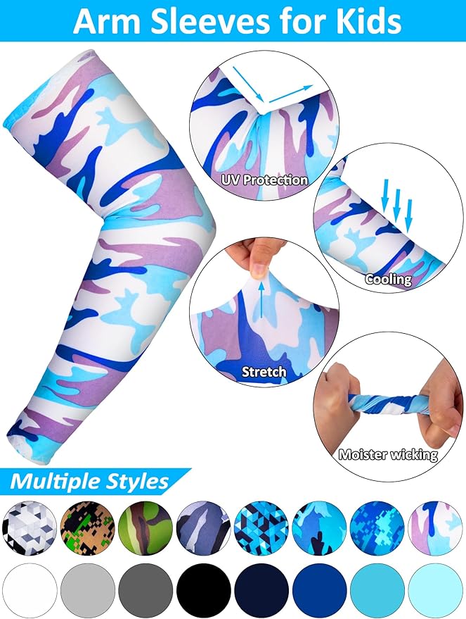 16 Pairs Sports Arm Sleeves for Kids Basketball Baseball Arm Sleeves UV Sun Protection Cooling Arm Cover Sleeve