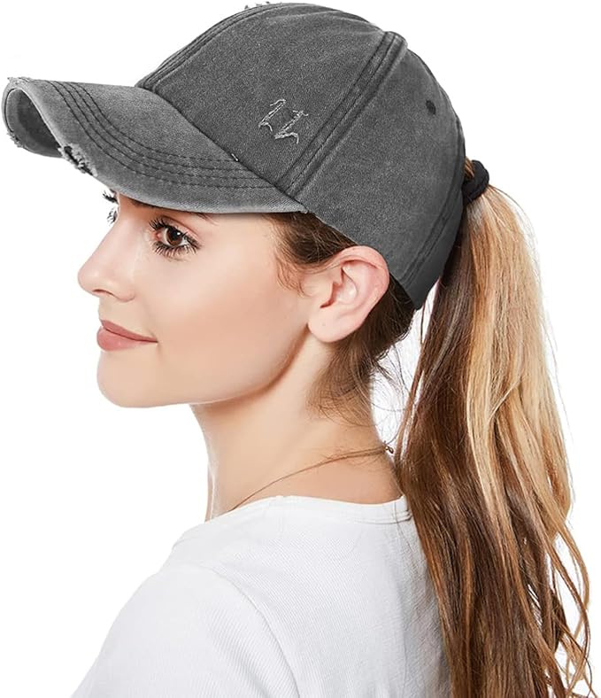 Womens Criss Cross Ponytail Baseball Cap Distressed Ponytail Hat High Messy Bun Trucker Ponycap for Outdoor Sports