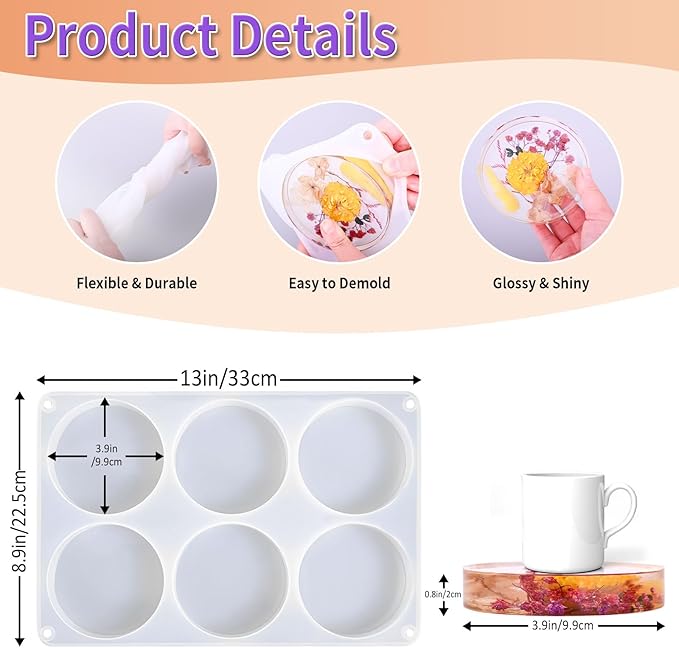 Resin Coaster Molds, 6-Cavity Silicone Coaster Molds - Image 3
