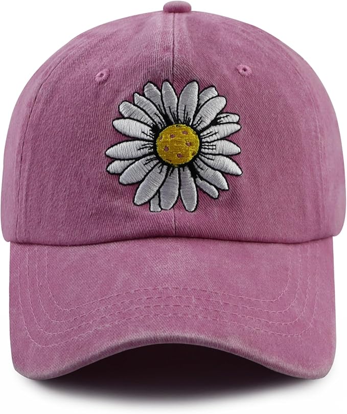 Pickleball Hat for Women, Adjustable Cotton Embroidered Daisy Pickle Ball Baseball Cap