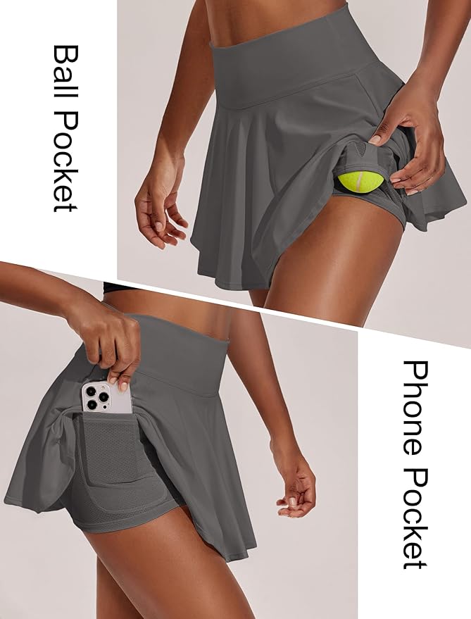 PINSPARK Womens Tennis Skirt Pleated Athletic Skirts with Pockets Shorts High Waisted Golf Skort for Workout Pickleball