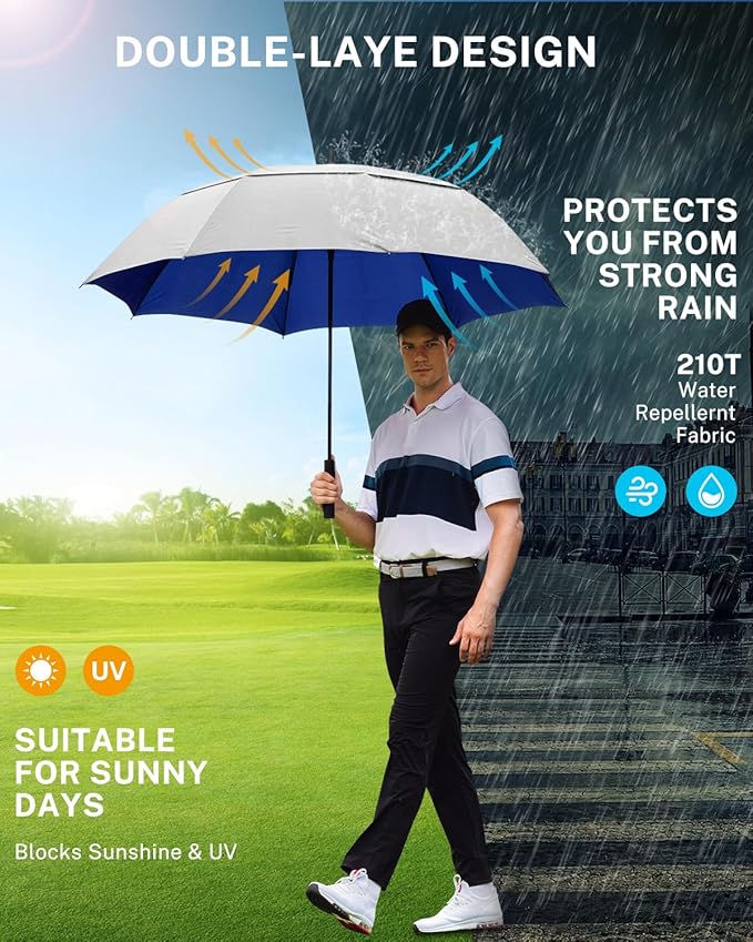 Gonex 54/62/68/72/80 Inch Extra Large Golf Umbrella, Automatic Open Travel Rain Umbrella with Windproof Water Resistant Double Canopy, Oversize Vented Umbrellas for 2-3 Men and UV Protection, Multiple Colors
