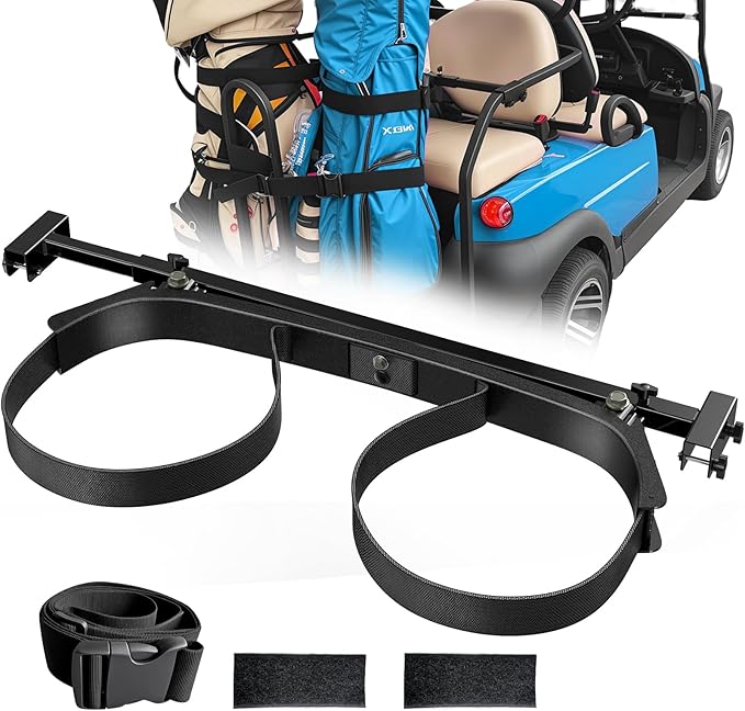 Universal Golf Cart Bag Holder Bracket Attachment for 2+2 Golf Cart Rear Seat with 1 Inch Square Tube, No Drilling Adjustable Golf Back Seat Bag Rack for EZGO Club Car Yamaha