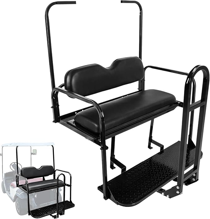 ECOTRIC Golf Cart Folding Rear Seat Kit W/Grab Bar Compatible with 1994.5-Up EZGO TXT Models Back Flip Seat Black