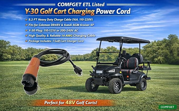 ETL Listed Y-30 Golf Cart Charging Power Cord for Coleman DR48V & Kandi AGM Kruiser 4P EV, 14 AWG Heavy Duty Charge Cable, Orange 8.2 ft