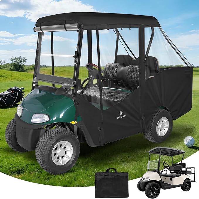 4 Passenger Golf Cart Enclosure for EZGO RXV 2+2 Seater Short Roof, Waterproof 600D Oxford Drivable Rain Cover with Full Roll-Up Clear Windows & Doors