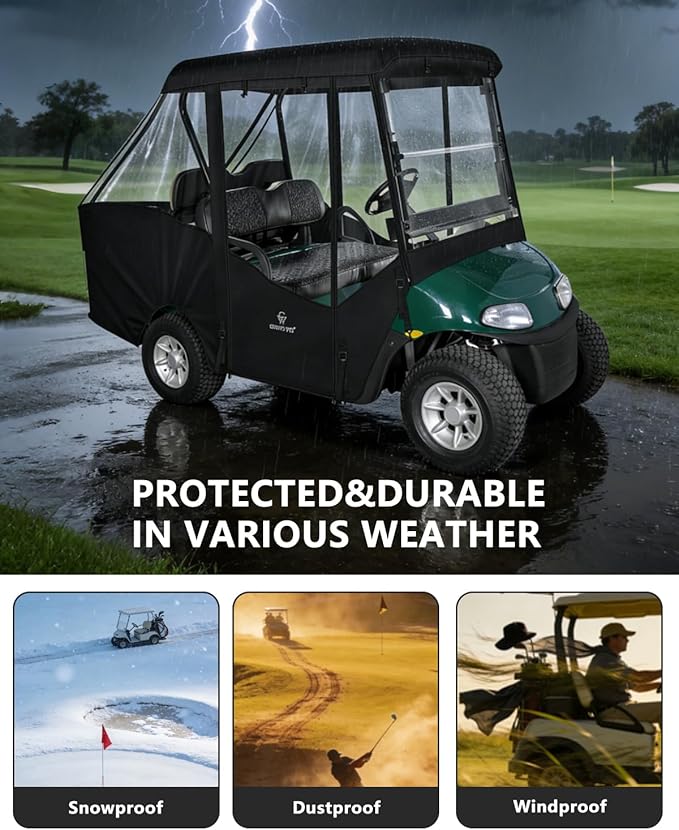 4 Passenger Golf Cart Enclosure for EZGO RXV 2+2 Seater Short Roof, Waterproof 600D Oxford Drivable Rain Cover with Full Roll-Up Clear Windows & Doors