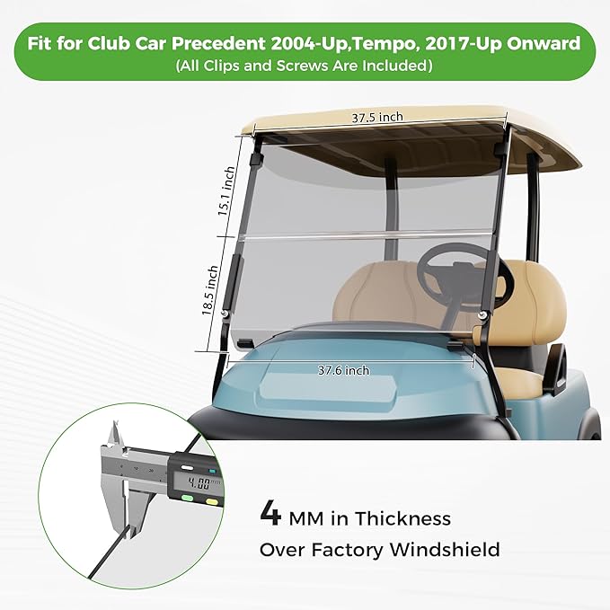 10L0L Golf Cart Windshield for Club Car Precedent 2004-Up, Tempo, 2017-Up Onward, One-Piece Hinge Design, Clear/Tinted Anti-UV Impact Resistant,HD View, 37.5" W X 33.6" H