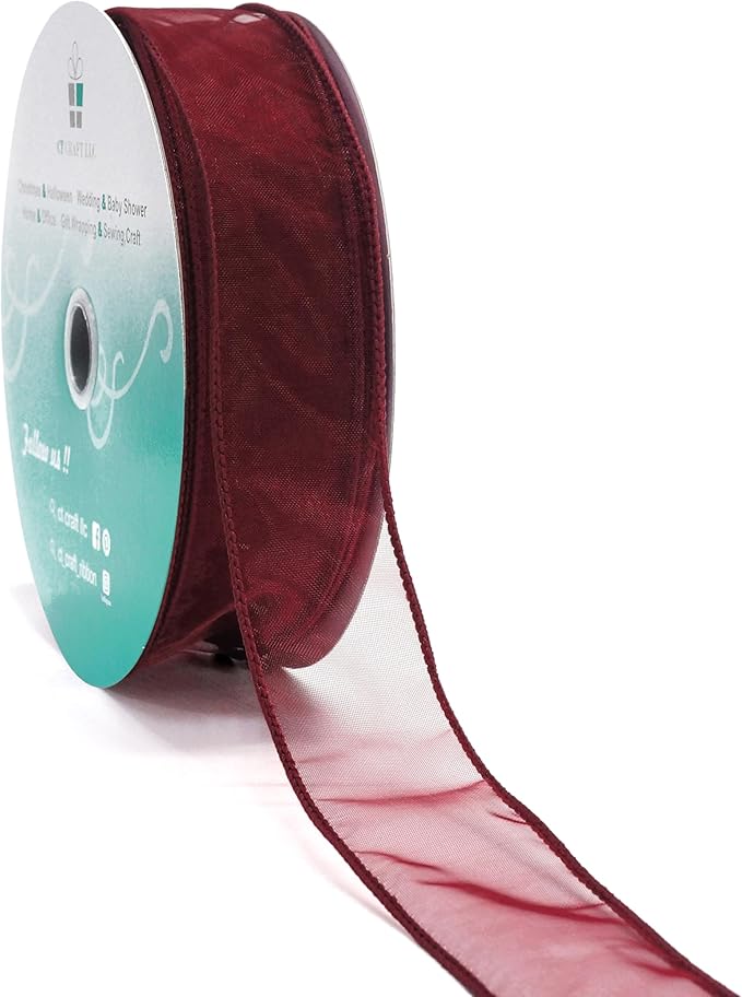 CT CRAFT LLC Sheer Organza Wired Ribbon 1.5" x 50Yards Burgundy by CTCRAFTLLC