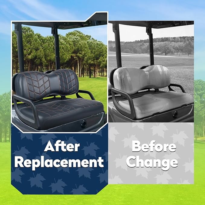 4PCS Golf Cart Seat Covers Kit, Front and Rear Seat Covers,Vinyl Seat Covers Accessories, No Staples（Black&Brown Stitch） (Fits YAMAHA/G29/Drive2)