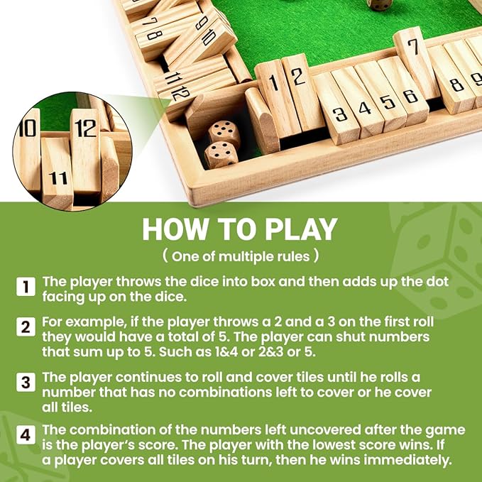 ropoda Shut The Box Game, Upgraded 12 Numbers Wooden Board Games - Image 7