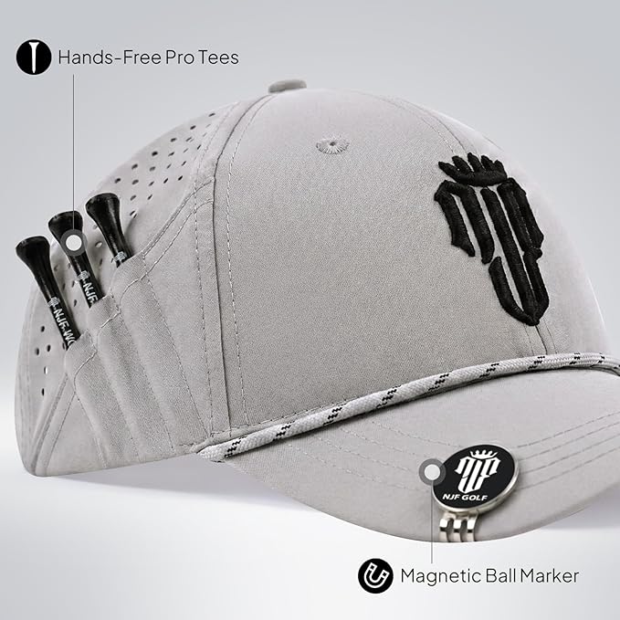 NJF Golf Hat Men - Breathable Mens Golf Hats, Adjustable Rope Hook and Loop Style Cap, Convenient Cap with Tee Holder