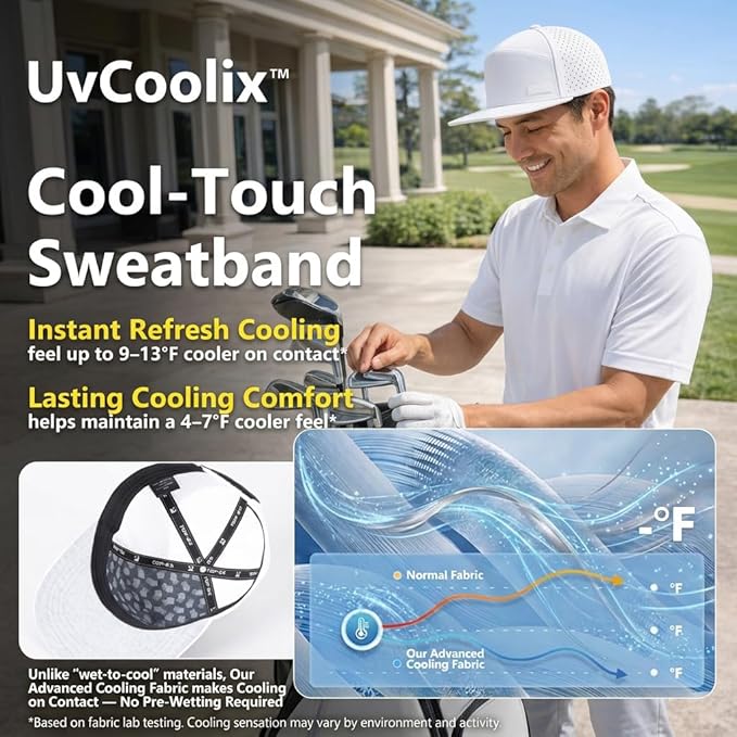 UVCoolix™ Cooling Sweatband Flat Bill Golf Baseball Cap,Breathable Sun Protection,Water-Resistant Snapback Performance Hat