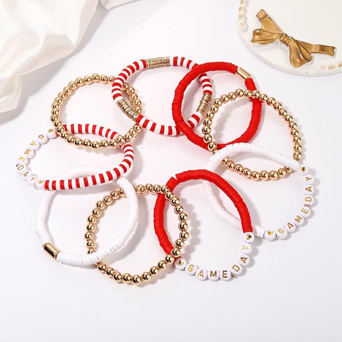 NLCAC 9 Pack Game Day Bracelets Stackable Heishi Beaded Stretchy Bracelet Preppy Jewelry Baseball Football Team Bracelets Sports Fan Accessories Gifts