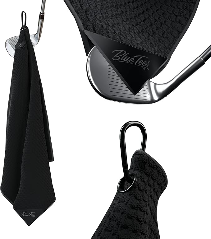 Blue Tees Golf Premium Magnetic Towel - Super Strong Magnet - Microfiber Waffle Design - Silicone Brush - Groove Cleaner - Bag Buckle - Standard & Caddy Sizes