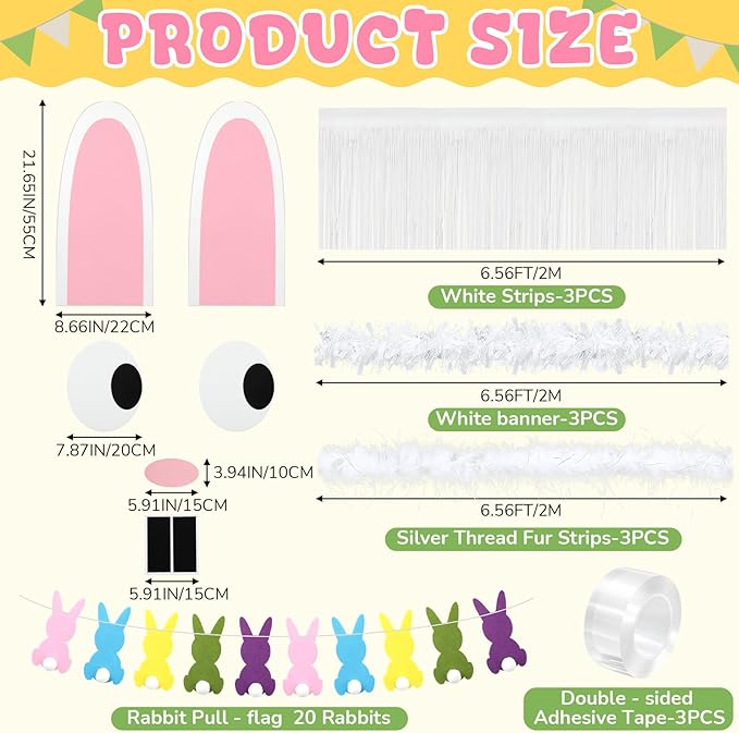 Moucuny 12 Pcs Easter Bunny Golf Cart Decoration Kit 1 Set Giant Felt Rabbit Model 3 Silver Thread Felt Strip 2 Curved Rain Curtain 2 White Felts Strip 2 Easter Bunny Banners for Golf Cart Accessories