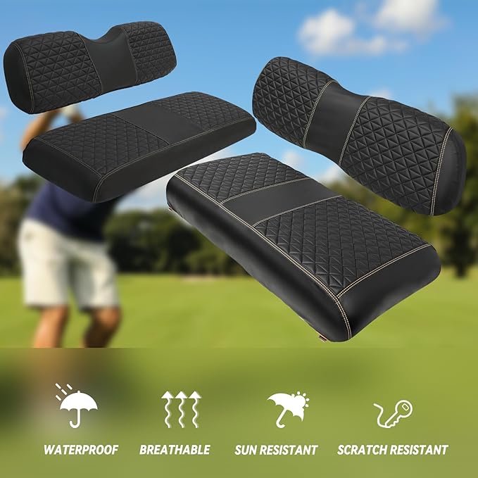 XUANYUDG0769 Golf Cart Front and Rear Seat Covers for EZGO TXT/RXV Club Car DS/Precedent Yamaha G29, Vinyl Leather Made/Adjustable Straps and Retractable Buckle/No Stapler Required,4PCS
