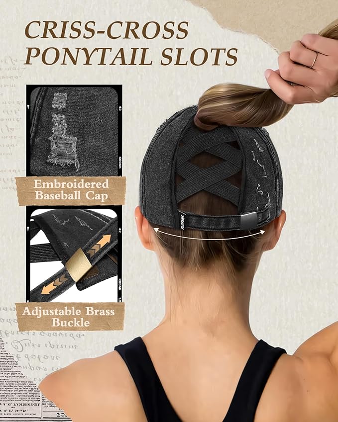 Flafens Women Pony Hats High Ponytail Baseball Caps - Cotton Vintage Washed Distressed Adjustable Criss Cross Trucker Hat