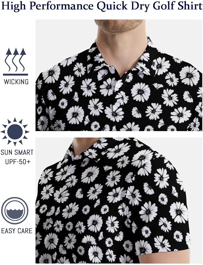 HUURAY Funny Golf Polos for Men Funny Print Short Sleeve Shirts Quick Dry Polo Shirts Hawaiian Shirt Performance Golf Outfits