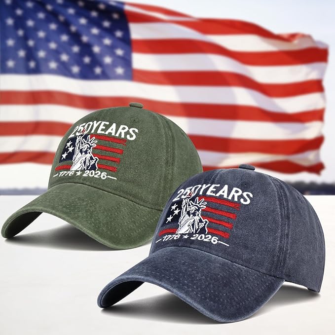 2 Pack USA 250th Anniversary Washed-Cotton Baseball Cap Patriotic Hat American 250 Year Merchandise for Men Women