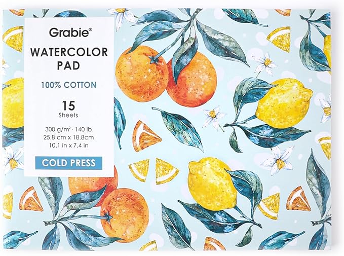 Grabie Watercolor Paper Pad, 100% Cotton, 15 Sheets, Glue Bound, Acid-Free Cold by Grabie
