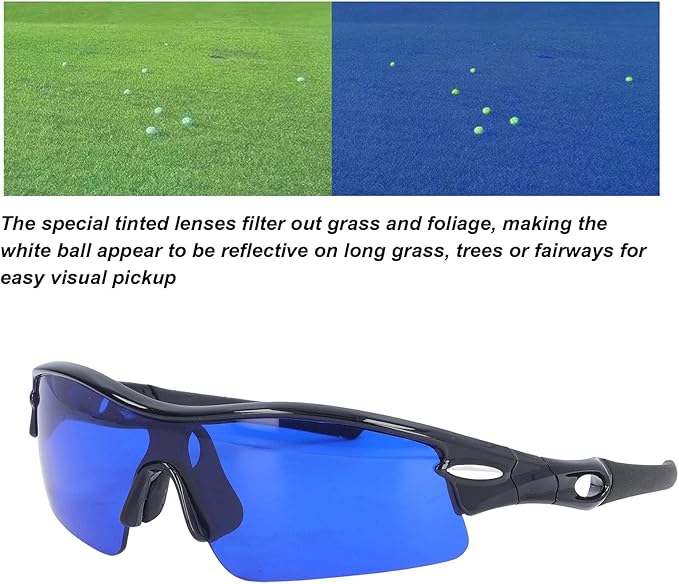 Golf Ball Finder Glasses, Polarized Blue Lens UV Proof Sun Protection Grass Filter with Glasses Cloth and Storage Bag, Ball Finding Filtering Sunglasses for Golfers(Black)