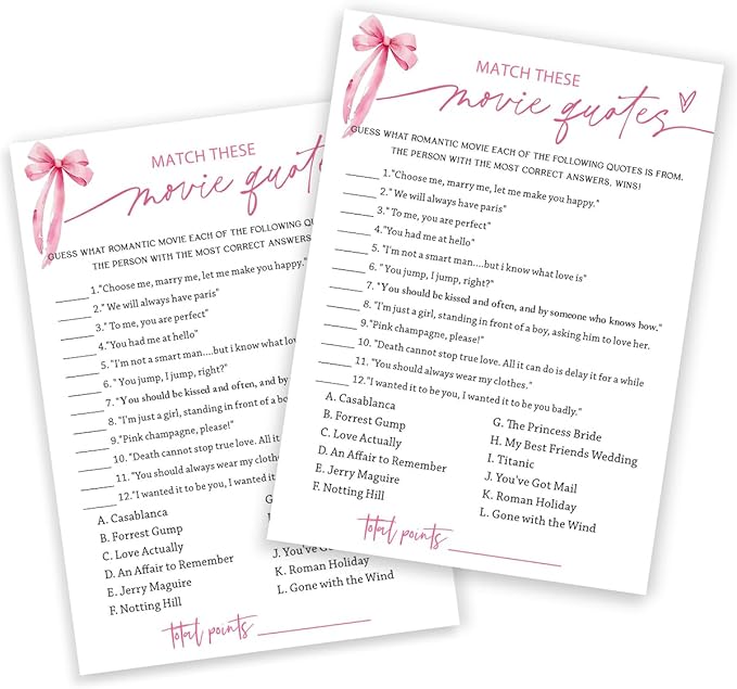 Bridal Shower Games Cards, Match These Movie Quotes, 25 Cards by Wybgno