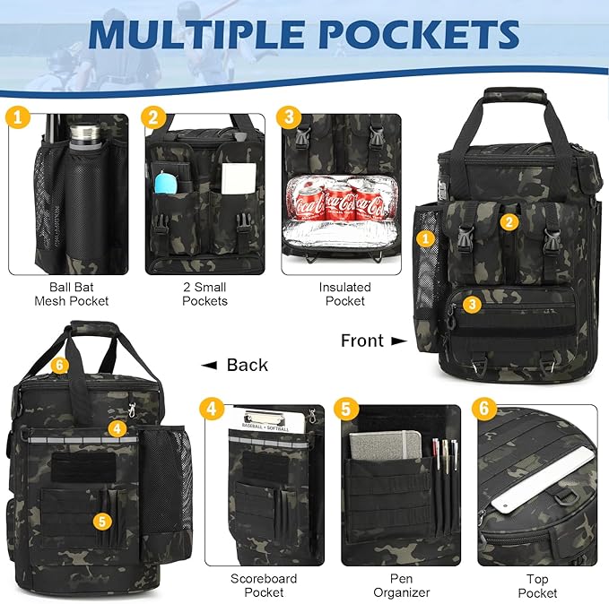 Baseball Bucket Bag - Baseball Coaching Accessories Organizer, Softball Bucket Bag with Insulation Pocket, Anti-Slip Bottom for Bat, Gloves, Scoreboards